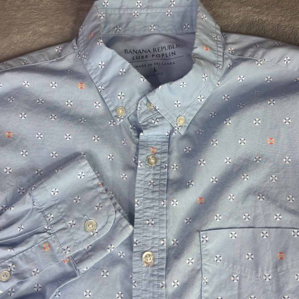 Banana Republic Button Down Mens Large Blue Lifebuoy Nautical Slim Luxe Poplin